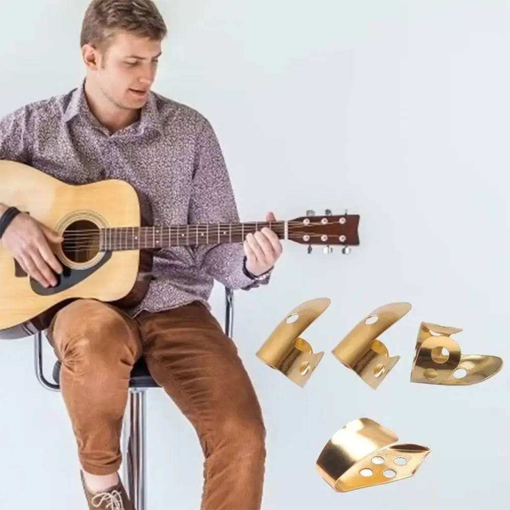 4PCS/Set Simple Metal Guitar Pick 1 Thumb + 3 Finger Gold/Sliver Guitar Finger Paddle Adjustable Plectrum