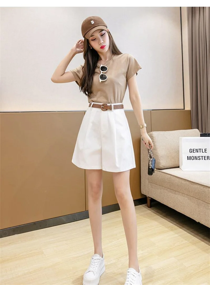 Summer Women's Suit Shorts Casual Loose Wide Leg Pants Pockets Office Shorts Solid Oversized Black Trousers Pantalones with Belt