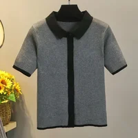 Button T-shirt Woman Short Sleeve Tee Grey Tops Black Polo Neck Shirts For Women Clothing Offer Elegant Hot Trend Aesthetic V - Image 6