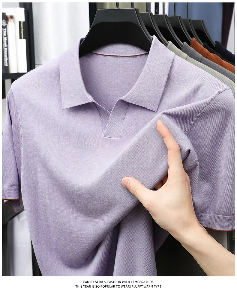 100% Lyocell Knitwear 2025 Men Spring Summer Trendy Turn Down Collar Knit Tees Short Sleeve Breathable Knit Tops