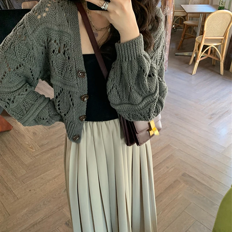 Fashion New Autumn Women's Clothing V-neck Cardigan Hollow Long-sleeved Sweater Casual Short Knitted Single Breasted Jacket