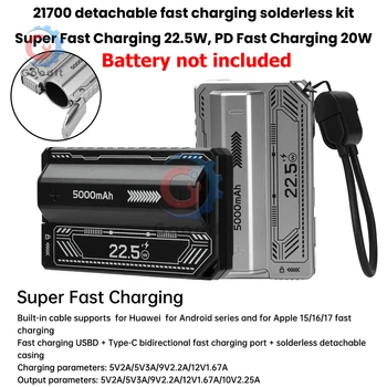 21700 Kit Power Bank senza saldatura Ricarica rapida PD20W fai-da-te con cavo di tipo C Custodia per caricabatterie portatile per batteria singola da viaggio all'aperto
