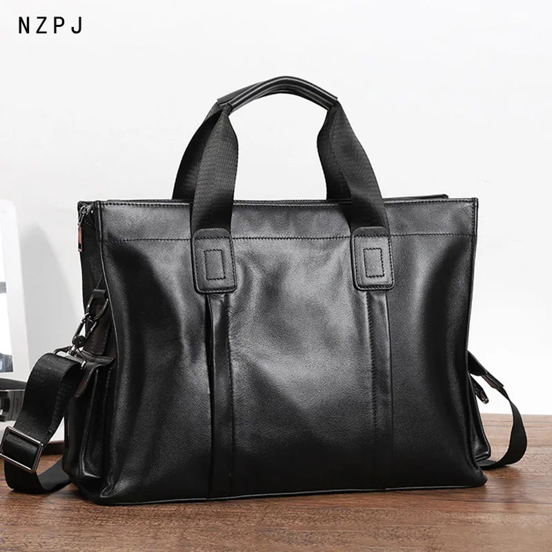 NZPJ Business Leather Men's Handbag Top Layer Cowhide Briefcase Casual One Shoulder Messenger Bag Suitable for 14 Inch Laptop