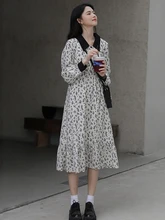 

QWEEK Vintage Floral Dress Women Casual Flower Print Long Sleeve Dresses Female Korean Fashion Party Robes Vestidos 2022 Spring