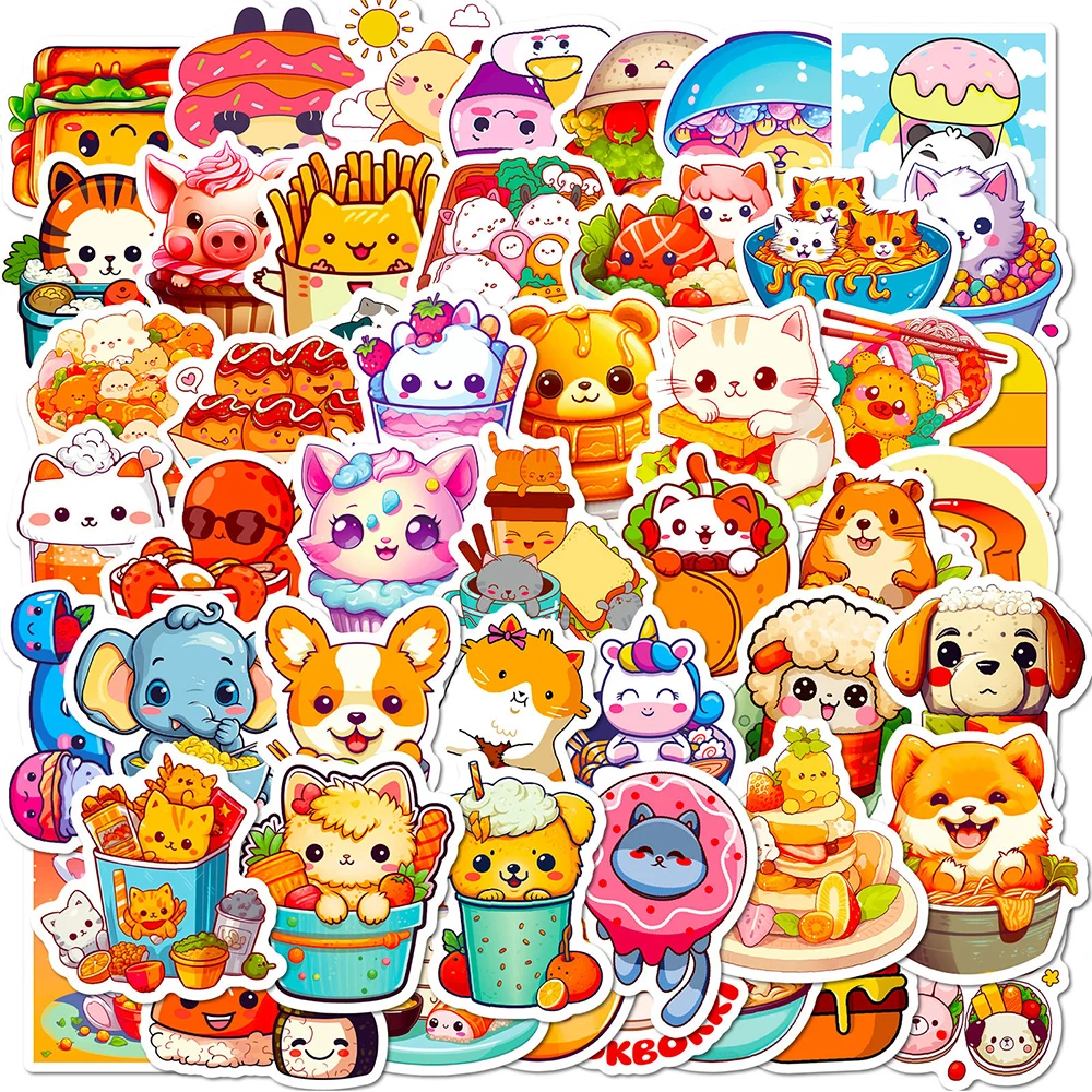 10/30/50PCS Cute Animal Food Cartoon Stickers Aesthetic Kawaii Kids DIY Decals Toy Waterproof Decorative Stationery Laptop Diary