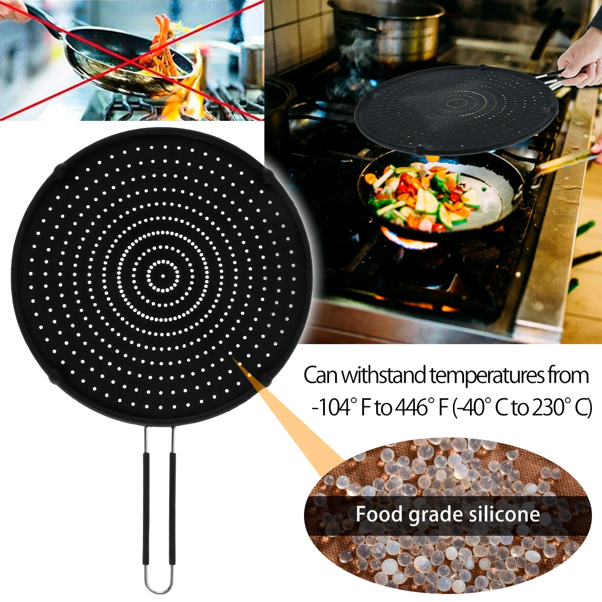 Kitchen Silicone Splatter Screen kitchen splatter screen kitchen splash guard Foldable Handle Heat-resisting Oil Splash Guard Drain Board Cover Frying Pan Lid Cooking Tools