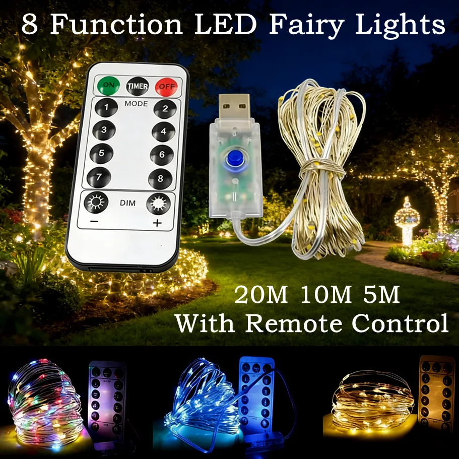20m/10m Remote Control LED Fairy String Lights - 8 Function USB Decorative Lighting