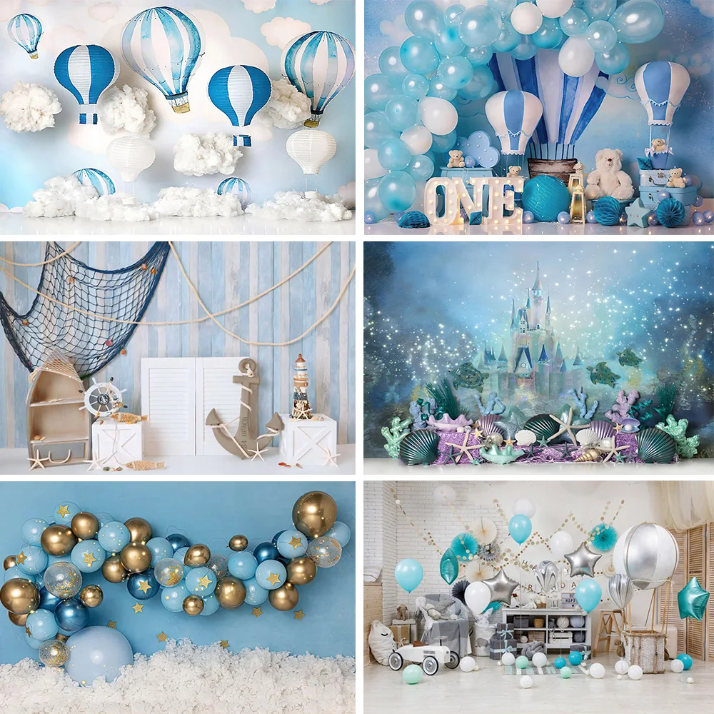 

Blue hot air balloon background ocean series balloon birthday party decoration baby shower background photography props