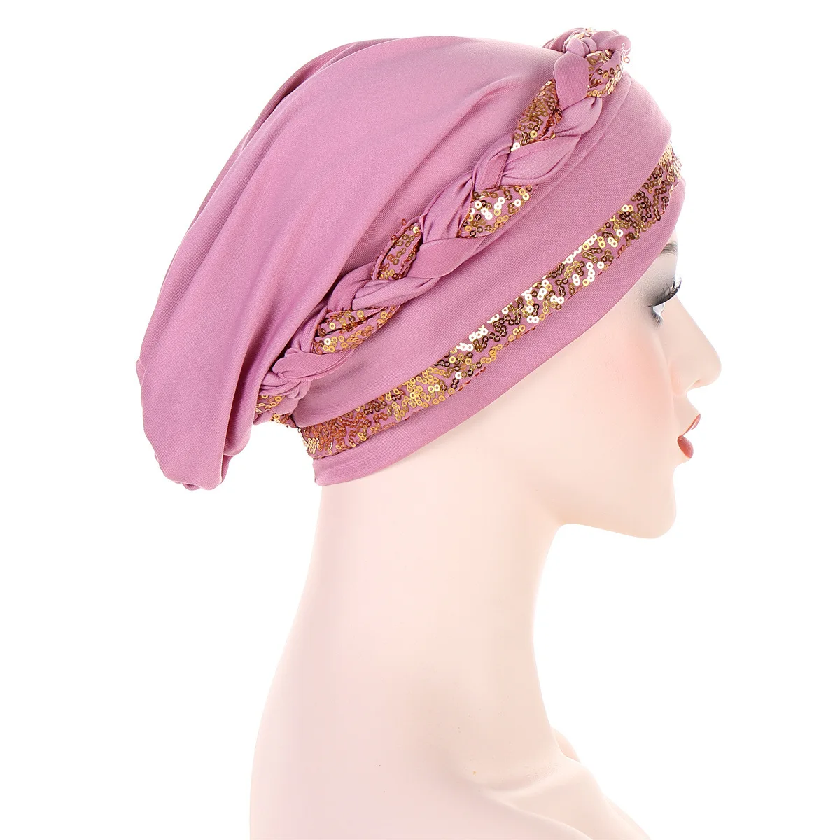 NEW Women Turban hats sequin Solid Braid Twist Caps Cancer chemotherapy Chemo Beanies Cap Headwrap Plated Hair loss cover 5