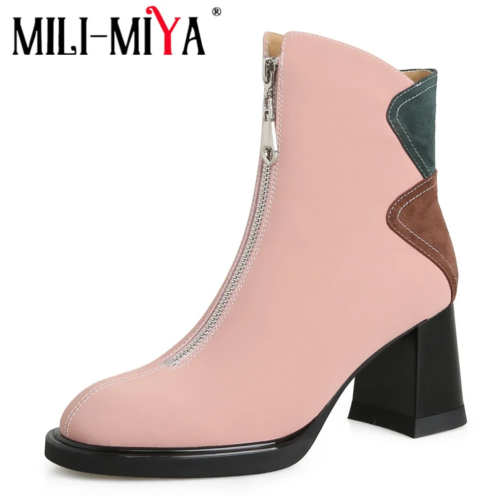 

MILI-MIYA New Arrival Splicing Mixed Color Women Cow Suede Ankle Boots Round Toe Thick Heels Middle Zippers Size 34-40 For Lady