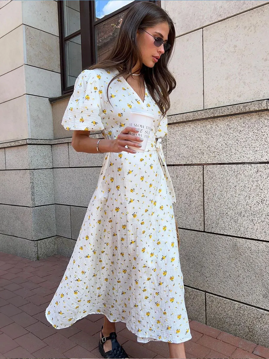 Women's Loose Fit Cotton Blend Maxi Dress with V-Neck & Short Sleeves S63b26f4e7e6c43b29988e5d584ea321e1