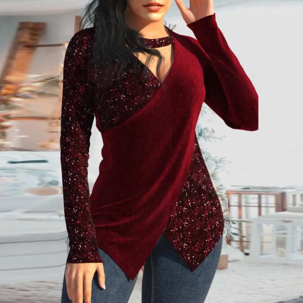 

2023 Fashion Casual New Autumn and Winter Women's Sequin Stitching V-Neck Halter Neck Long-Sleeved Irregular T-Shirt Shirt