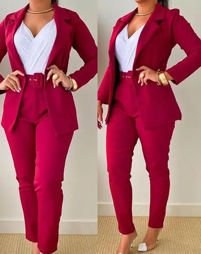 Two Piece Set Women Outfit 2023 Spring Elegant Turn-Down Collar Long Sleeve Buttoned Blazer Coat & High Waist Work Pants Set