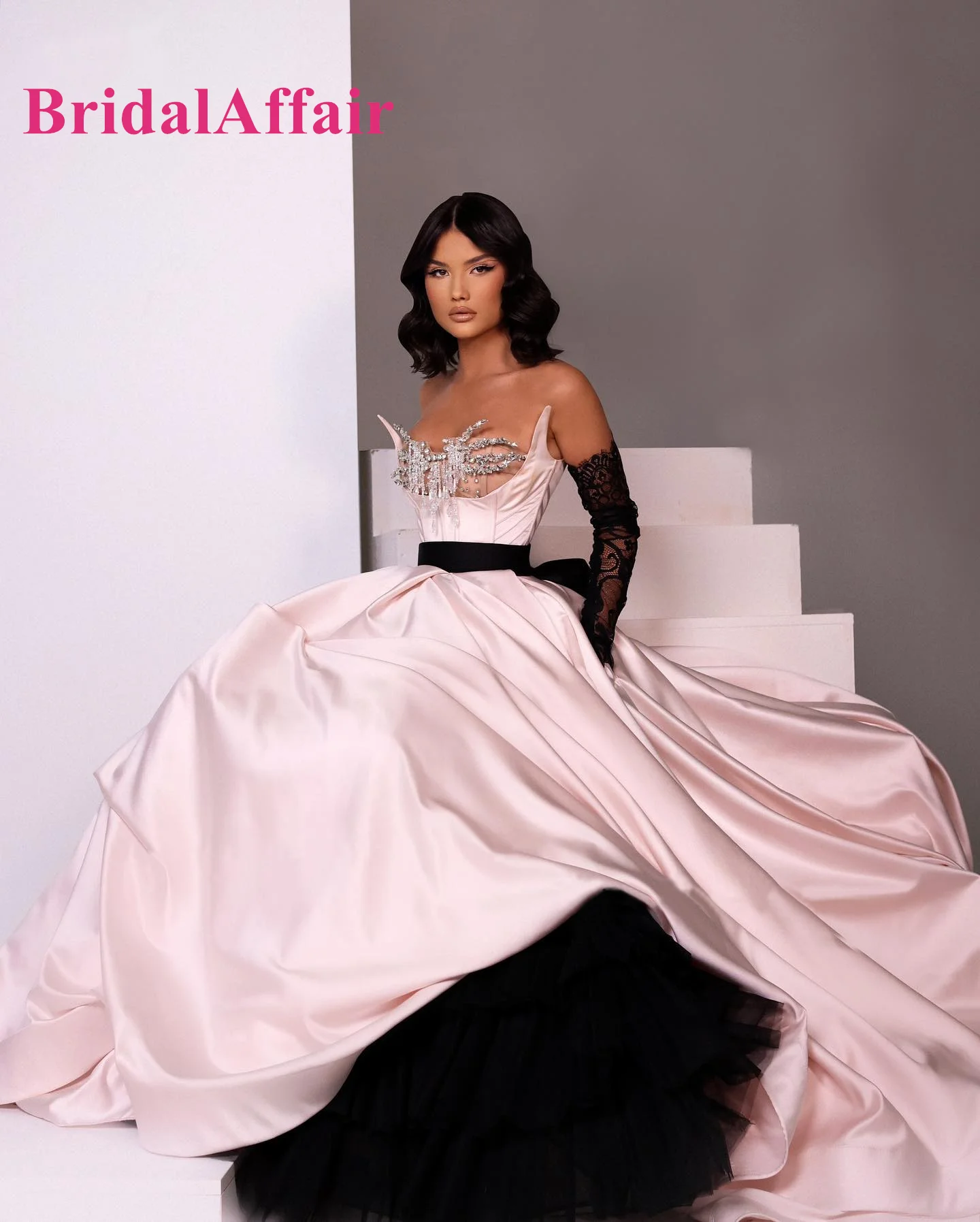 BridalAffair Blush Pink Evening DressOff Shoulder Diamond Black Belt A-Line Prom Gown Crystals Saudi Arabia Celebrity Party Gown