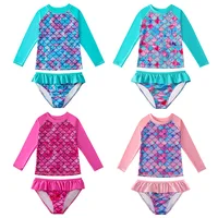 European And American Style Girls Long Sleeves Split Bathing Suit 3-9Years Kids Bikini Mermaids 3D Print Sunscreen Swimsuits 1