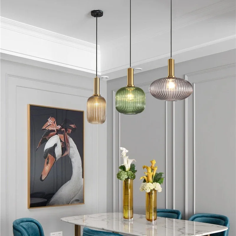 

Modern Nordic Design Green Amber Gray Glass LED Pendant Lamp For Bedroom Dining Room Kitchen Bedside Decoration Chandelier Light
