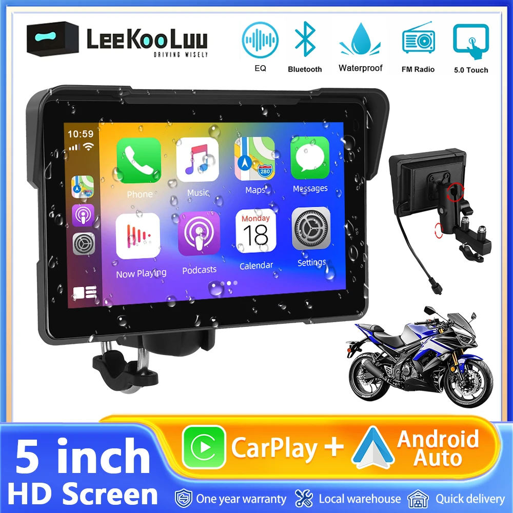 Leekooluu 5inch Navigation Motorcycle IP67 Waterproof Wireless Android Auto Apple Carplay Display Screen Monitor Portable