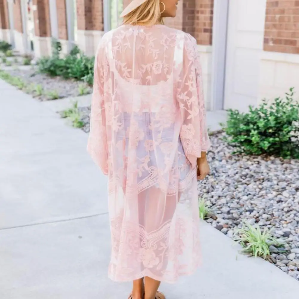 

Lace Embroidery Cardigan Chic Lace Embroidered Women's Cardigans Sheer Loose-fit Cover-ups for Beach Vacations Everyday Wear