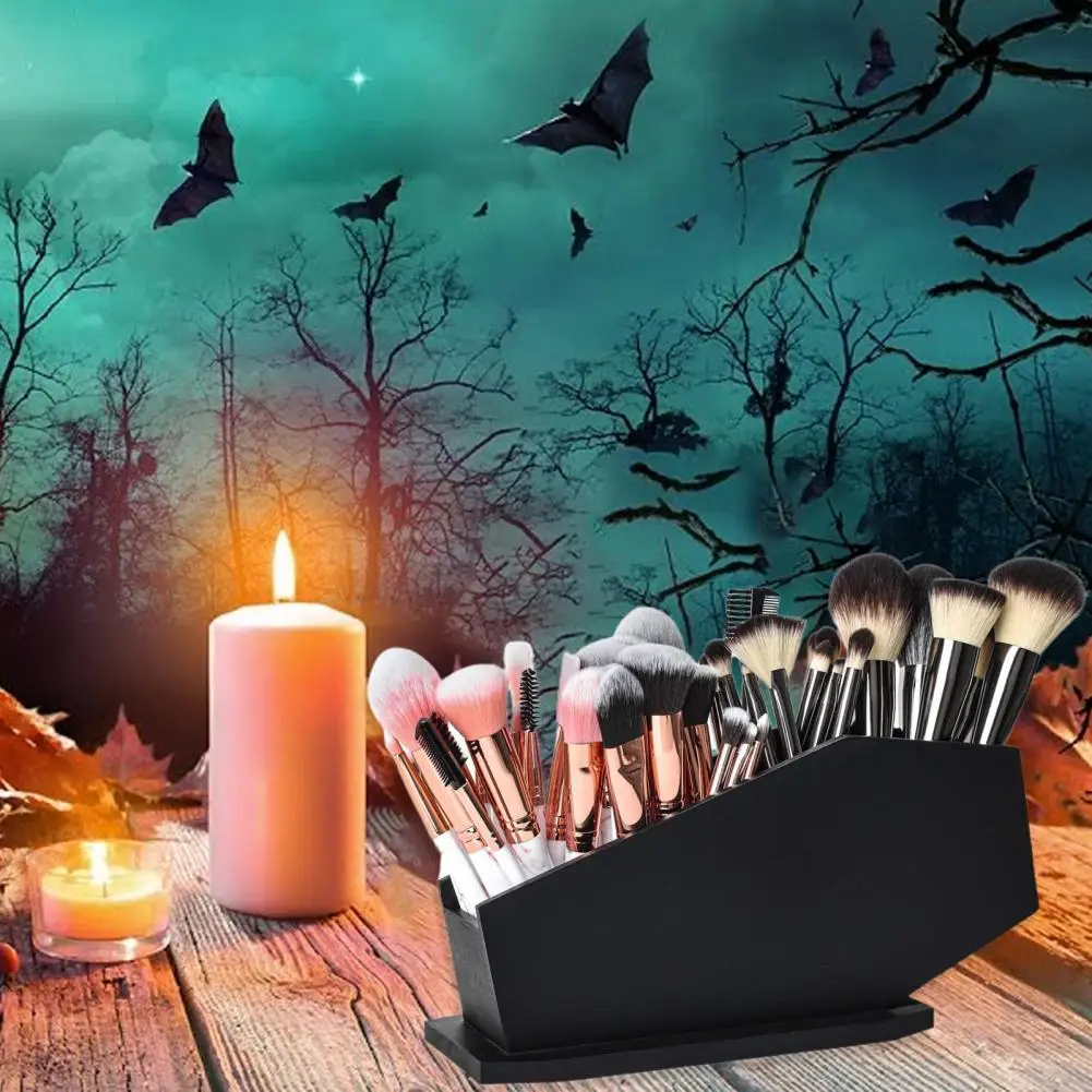 Gothic Coffin Makeup Brush Holder - Wooden Pen Organizer For Vanity & Office Desk