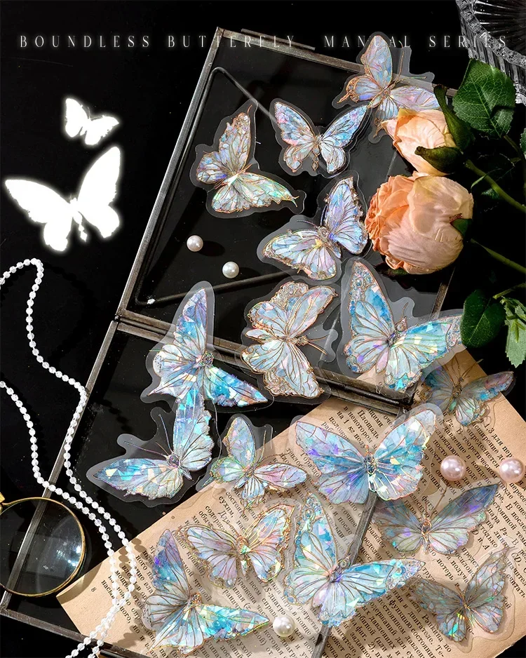 20pcs/pack Stickers Ice Crystal Laser Butterfly Laser Gold DIY Decorative Scrapbooking Material Collage Sticker Journal