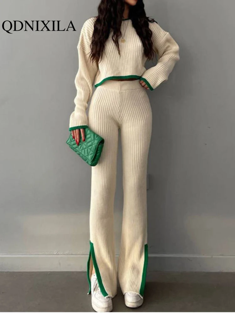 

Pant Sets 2023 Contrast Color Round Neck Long Sleeve Short Knit Shirt Split Elastic Waist Wide Leg Pants Two Piece Set for Women