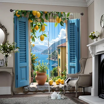 2 pezzi, tende per scene con stampa piatta 2D Tessuto in poliestere versatile retro mare, senza elettricità Decorazioni per feste primaverili e vacanze 1