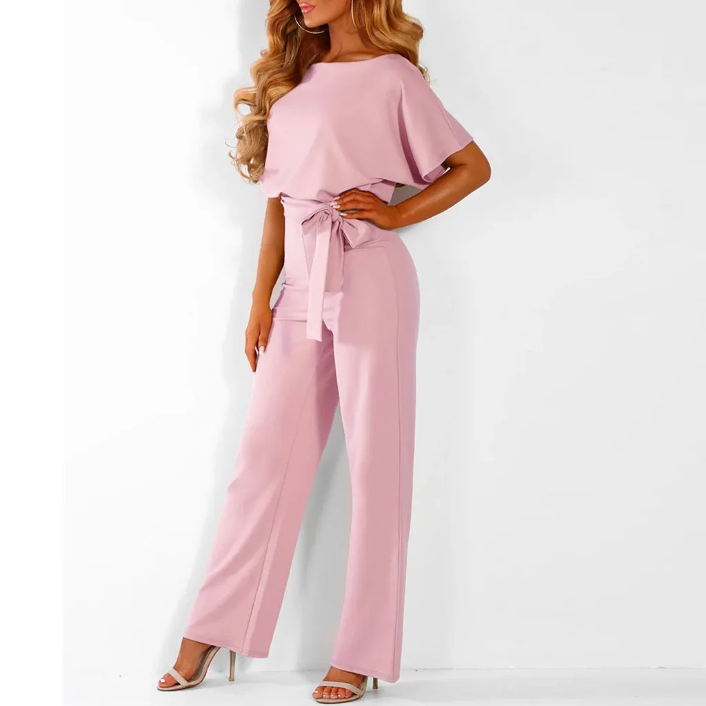 

Women Wide Leg Solid Color Jumpsuit With Belt Short Straight Sleeve Playsuit Jumpsuit Women'S Clubwear Rompers Overalls