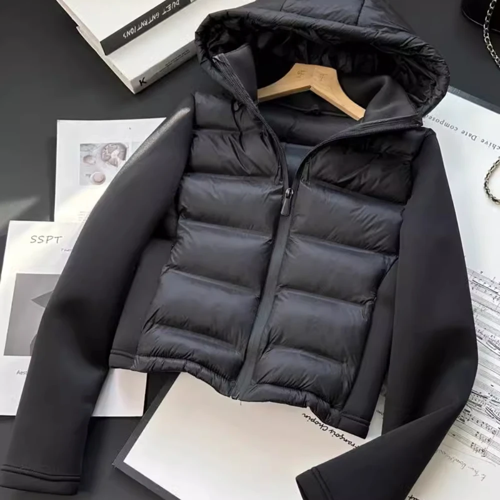 ZBZA Woman's Neoprene Effect Jacket High Collar Long Sleeves Hooded Splice Warm Overcoat Autumn Winter New Female Chic Outerwear