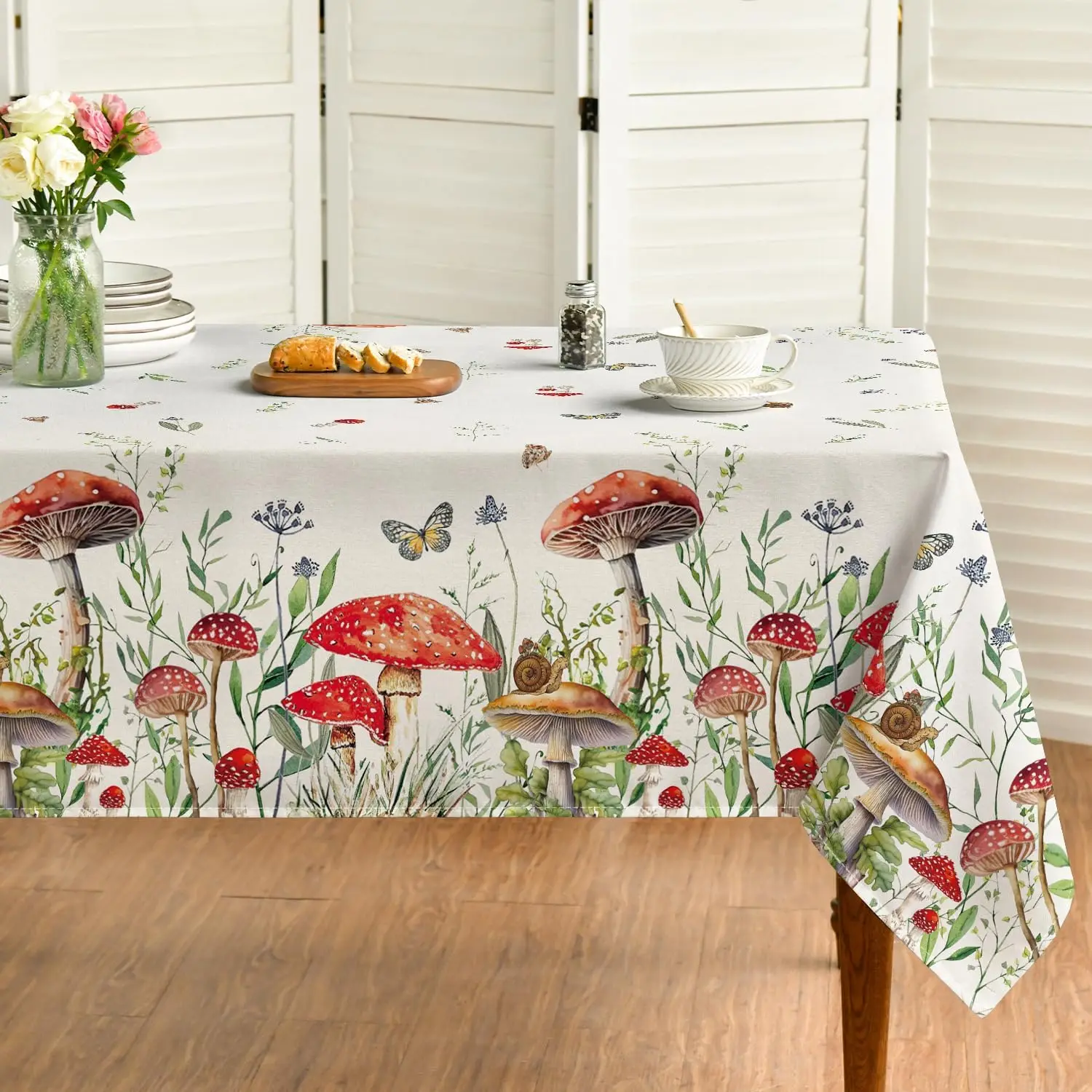 Spring Summer Mushroom Wild Flower Waterproof Tablecloth Party Decor Washable Rectangle Dining Tablecloth Wedding Decorations