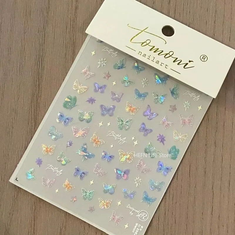1Sheet Pink Purple Aurora Shell Butterfly Nail Stickers Shiny Laser 3D Butterflies Nail Decals Facial stickers