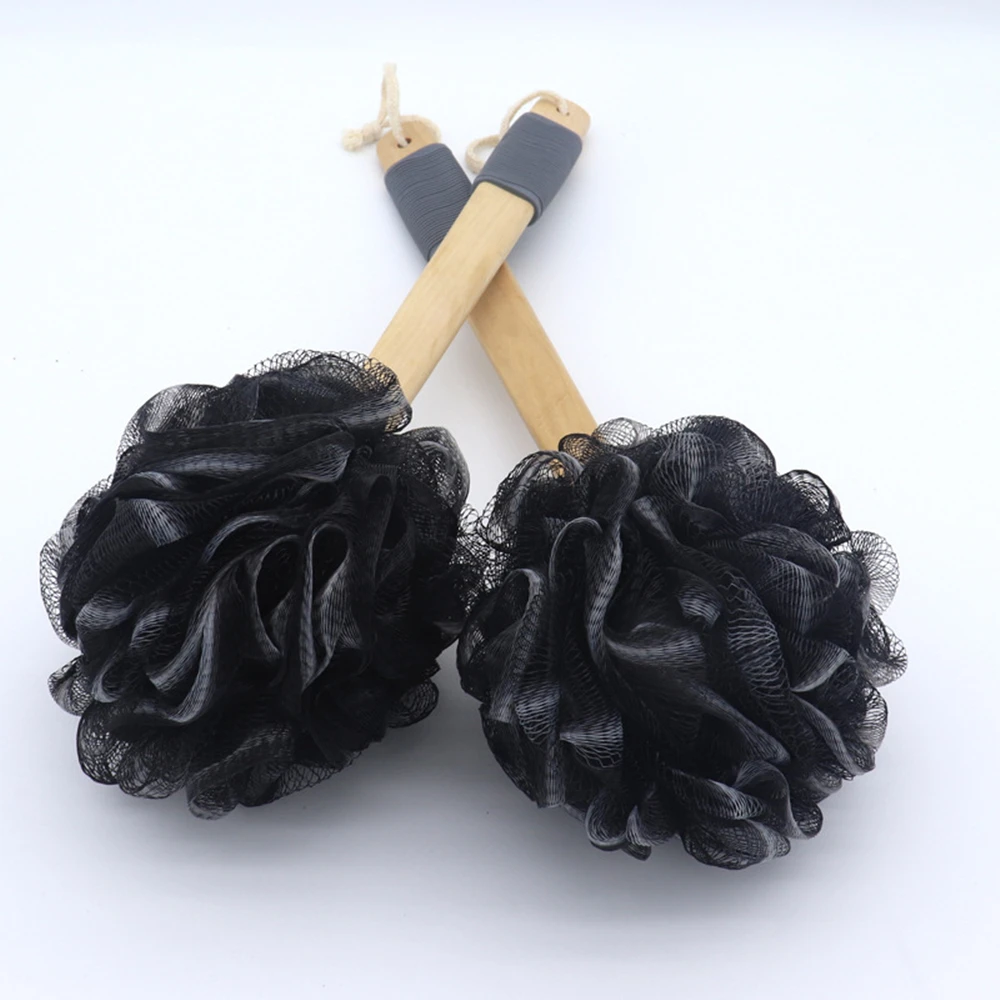 Black Bamboo Bath Loofah Sponge Body Scrubber Long Handle Wooden Bath Brush Mesh Foaming Ball Skin Clean Tool Bathroom Accessory 5