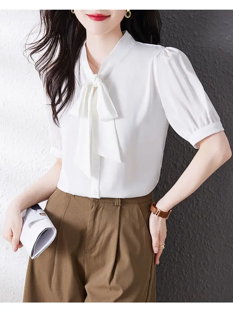 Sommer Design Sinn Schal Hals Bogen Casual Kurzarm Shirt Frauen Solide Temperament Licht und Reife Pendeln Vielseitig Top – Detail 22
