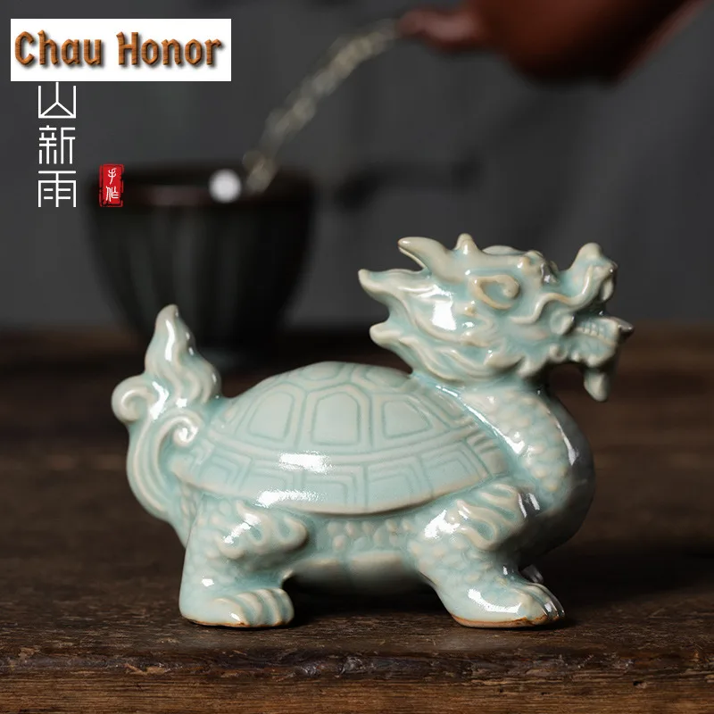 Longquan Celadon Dragon Turtle Tea Pet Elegant Tea Sculpture Tea Figurine Play Toys Tea Statue Ornaments Tea Ceremony Supplies