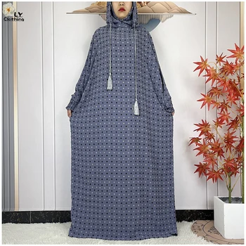 2024New Pure Cotton Ramadan Muslim Two-Hat Abaya Dubai Turkey Islam Prayer Clothes Loose Robe Islamic Women Traditional Clothing