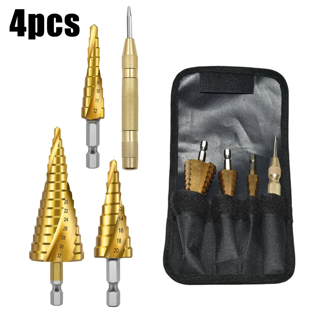 

4-12 4 -32 4-20MM HSS Straight Fluted Pagoda Step Drill 4Pcs Cloth Bag Hex Shank Reamer Bit Set Titanium Coated Wood Metal Hole