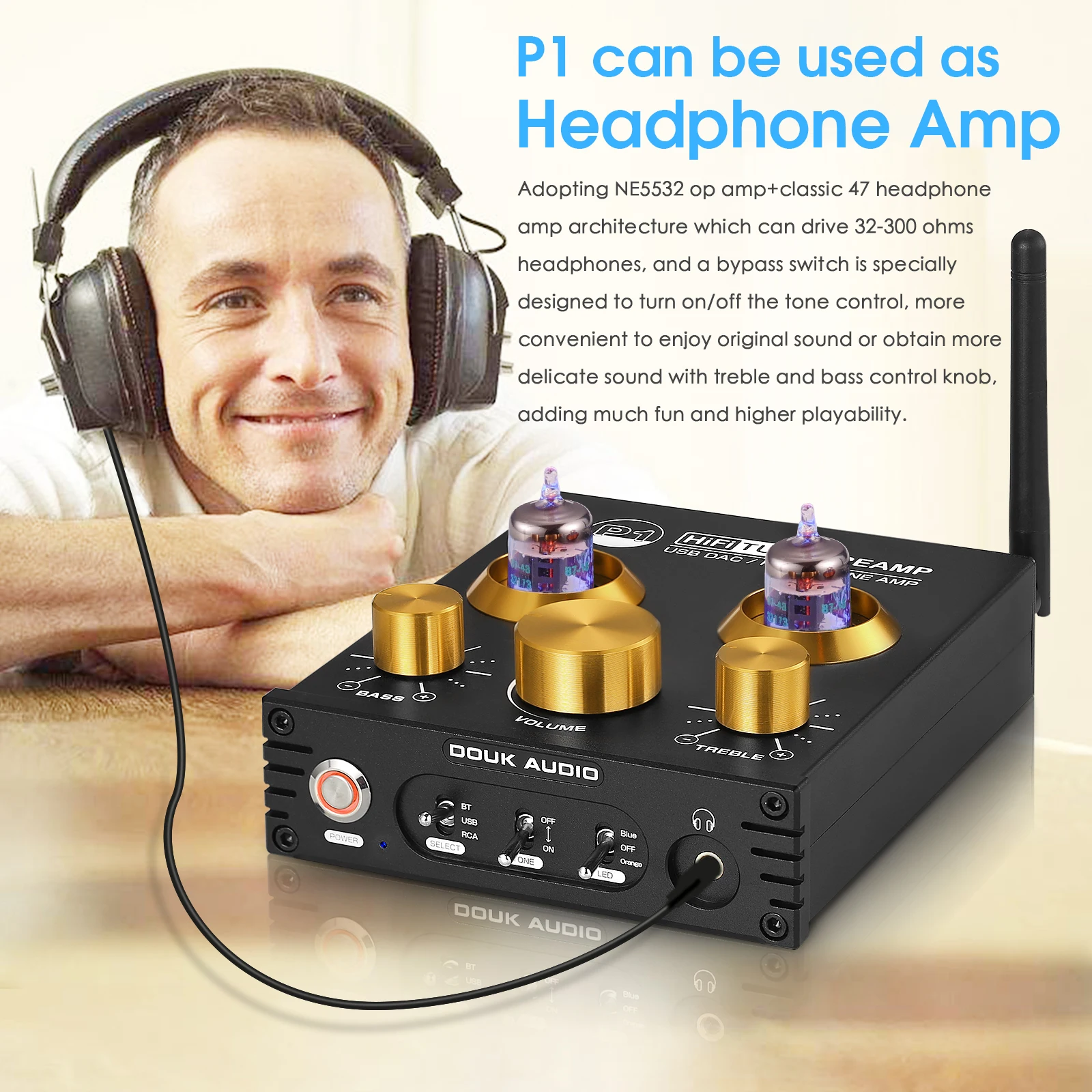 instrument amplifier Nobsound HiFi Bluetooth 5.0 JAN 5654 Valve Tube Preamp Bass Preamplifier Stereo Audio Headphone Amplifier USB DAC APTX stereo amplifier