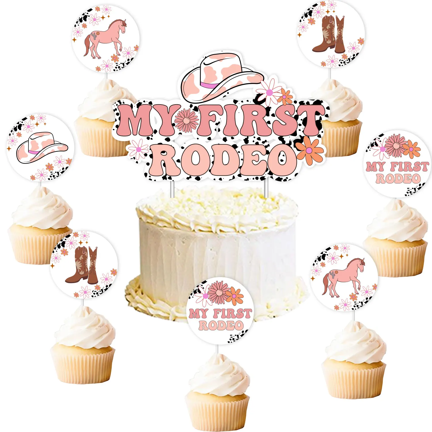 

13PCS My First Rodeo Cake Topper, Groovy Daisy Hat Cupcake Toppers, Western Cowgirl Cowboy 1st Cake Decor for Baby Shower