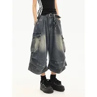 American Style Women Vintage Washed Workwear Denim Shorts with Multiple Pockets Pleated Design Loose Drapey Seven-Foot Pants