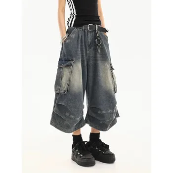 Short en Denim délavé pour femmes, vêtements de travail Vintage de Style américain, avec plusieurs poches, Design plissé, drapé ample, pantalon de sept pieds 1