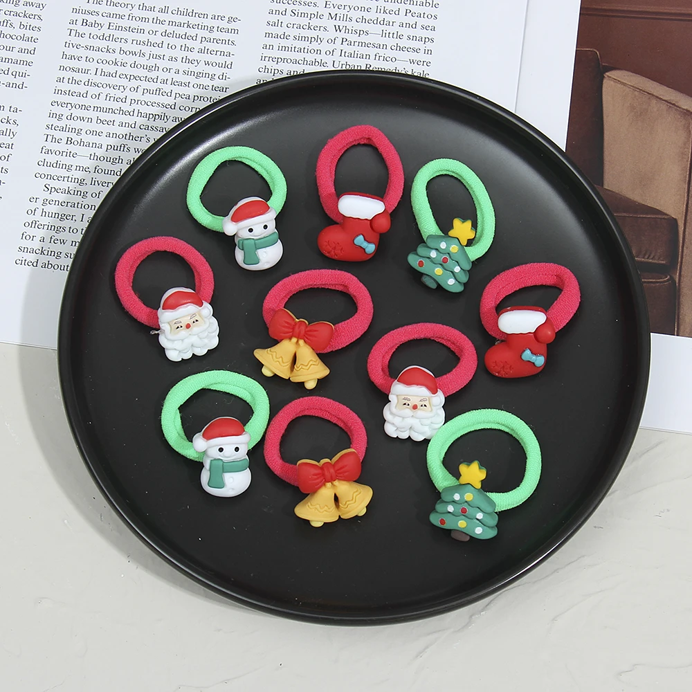 10Pcs/Set Small Red Christmas Hair Bands Girls Cute Rubber Band Elastic Band Baby Headwear Children Hair Accessories Ornaments