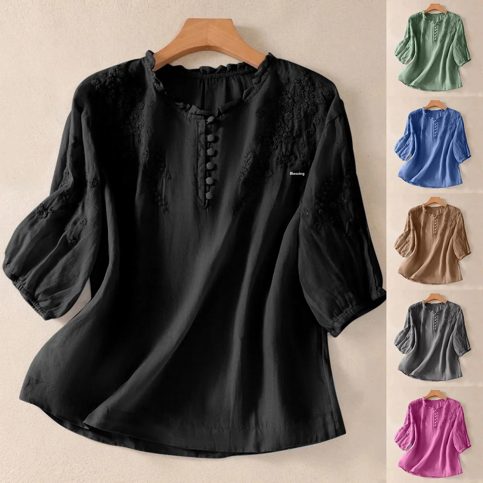 Elegant Cotton Linen Tops for Women with Embroidery