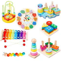 Montessori Toy Set Tangram Jigsaw Animal Educational Wooden Beaded Geometry Digital Clock Puzzles Gadgets Matching Children Toys