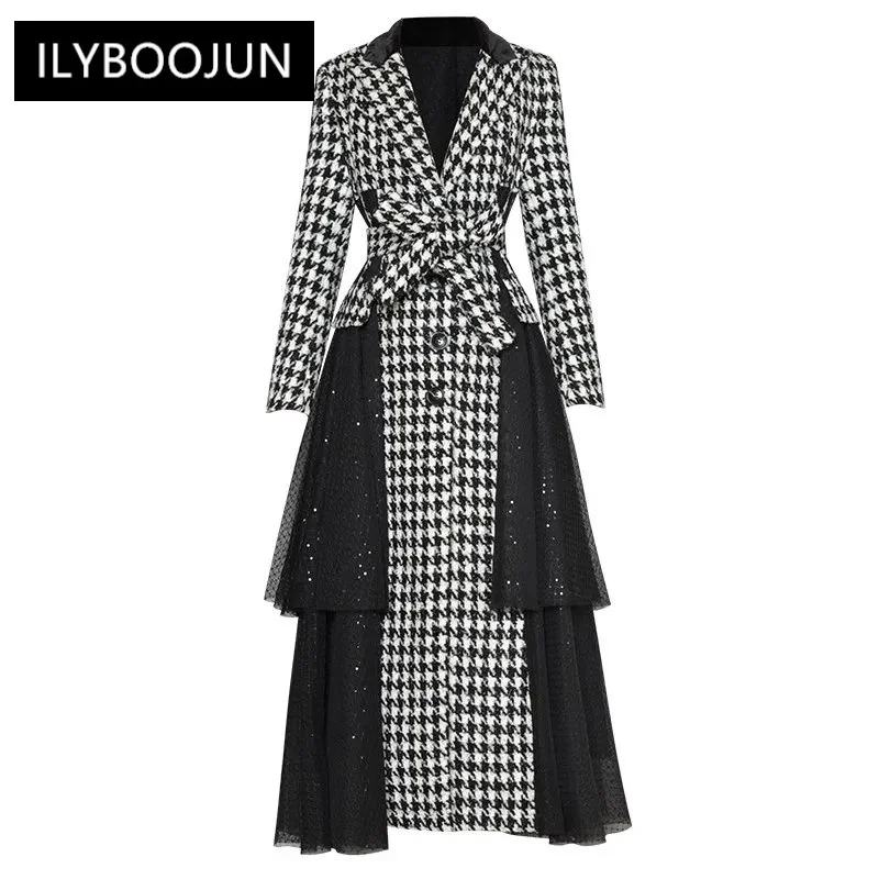 

Fashion Winter Plaid Tweed Coat Women Long Sleeve Belt Sequins Mesh Ruffle High Street Single Breasted Outerwear For Women 2023