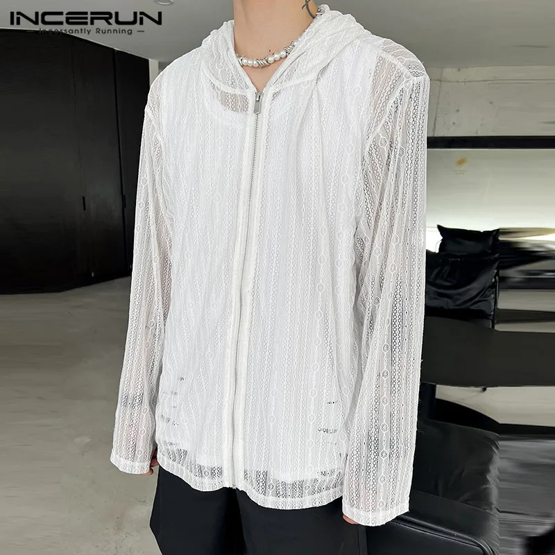 

Handsome Well Fitting Tops INCERUN New Men's Black&White Lace Hollowed Hooded Shirts Casual Male Thin Zipper Design Blouse S-5XL