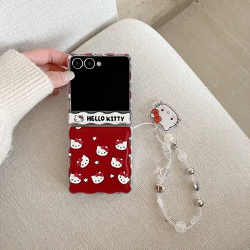 Simpatica custodia per telefono con cartoni animati Sanrio Hello Kitty per Samsung Galaxy Z Flip 7, custodia rigida in TPU con bordo ondulato e cordino.