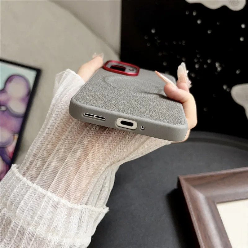 Luxury Magnetic Lychee Pattern PU Leather Non-Slip Phone Case with Metal Camera Frame