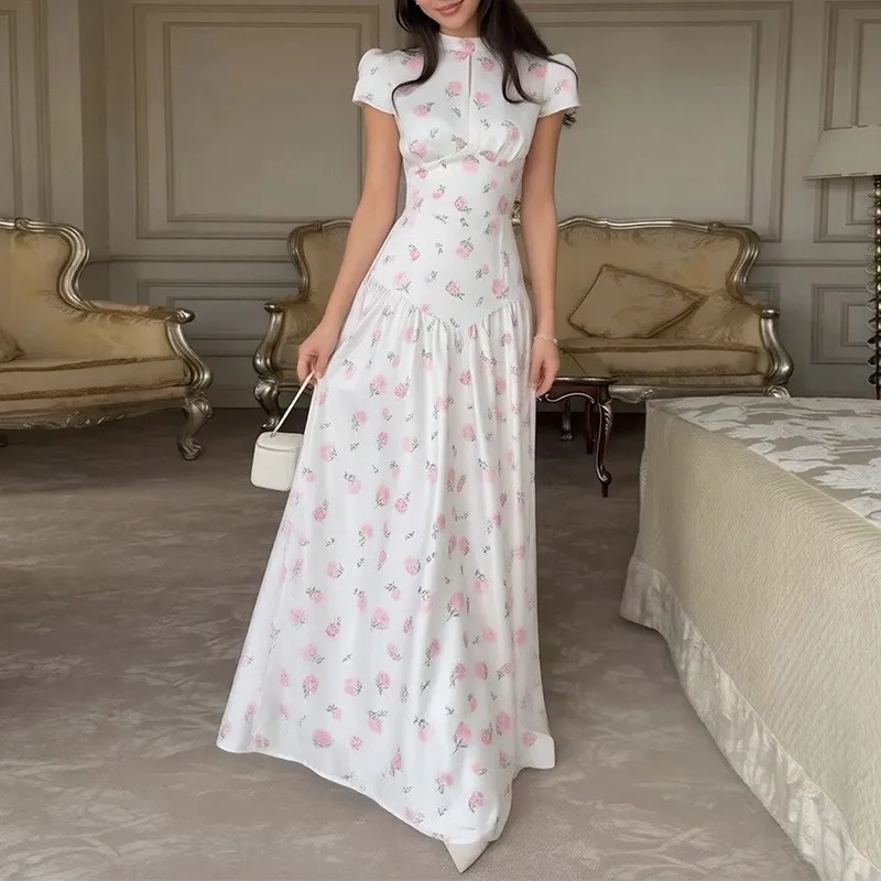 New Summer Floral Printed Slim Long Dresses Fashion Stand Collar High Waist But…