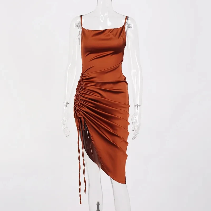 

Sexy High Split Satin Prom Dress Backless Ruched Evening Party Bodycon Women Lady Solid Color Spaghetti Straps Summer Outfits