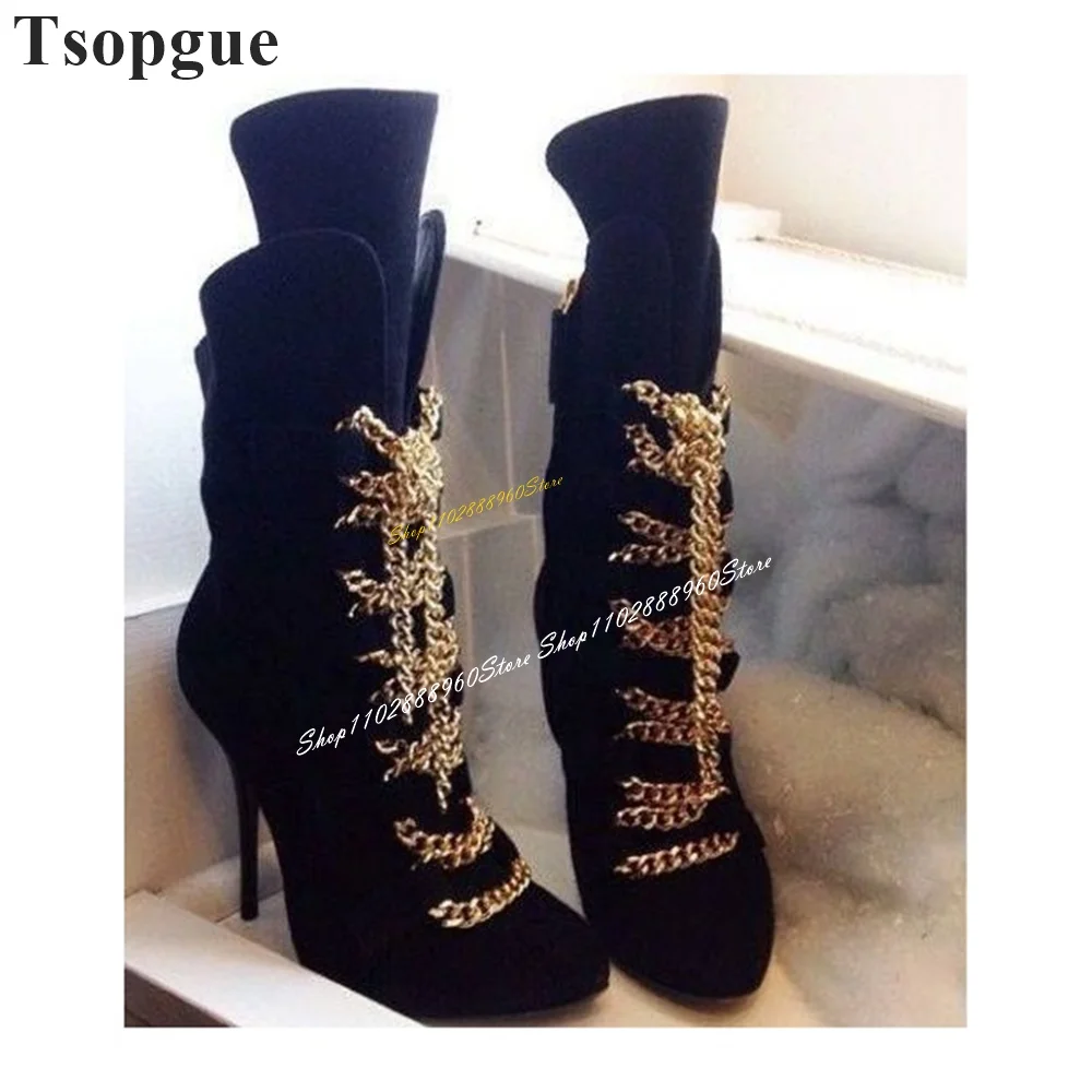 

Stylish Black Flock Cross Metal Chain Ankle Boots Thin High Heel Women Shoes Back Zipper Pointed Toe 2024 Zapatos Para Mujere