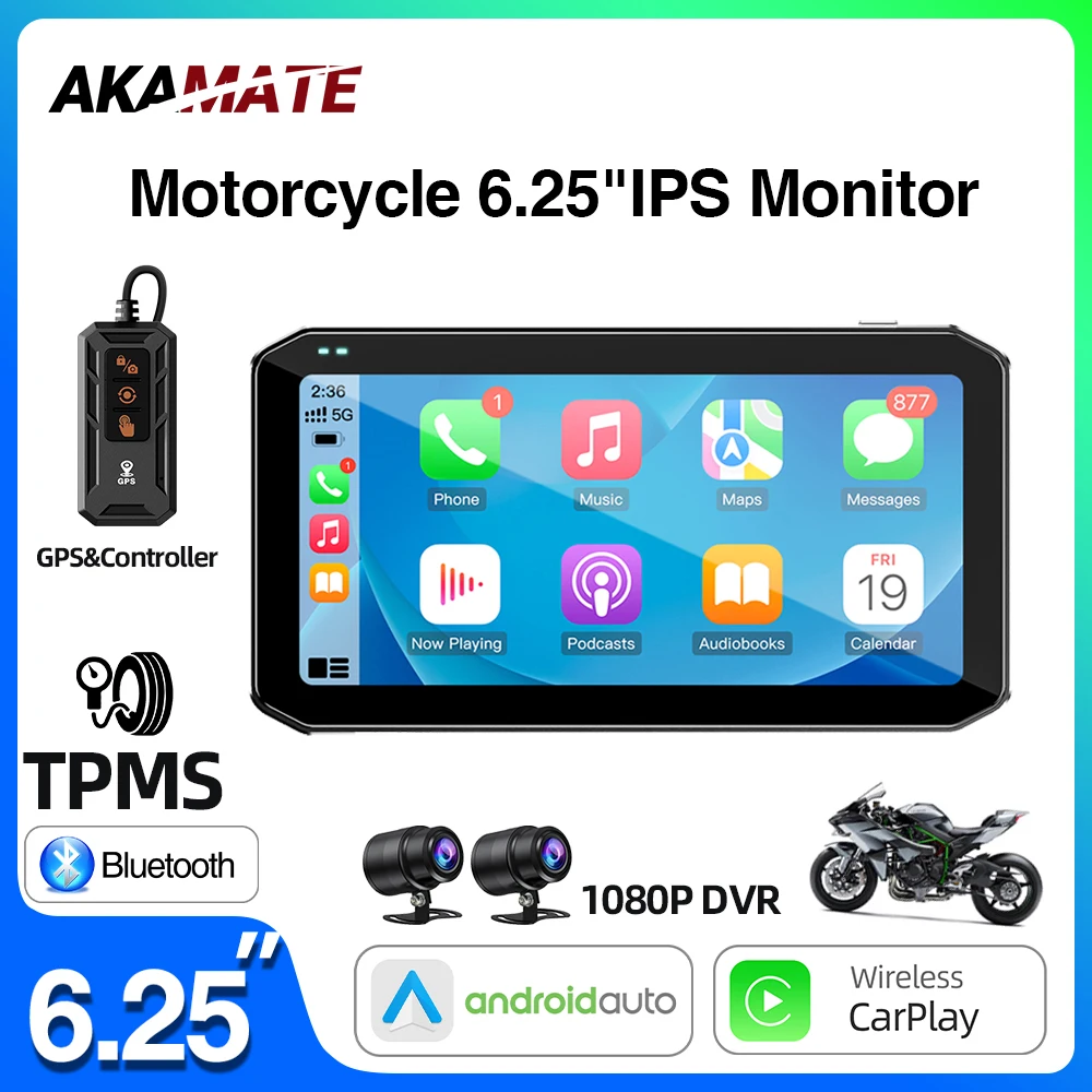 Motorcycle Monitor 6.25inch 1080P DVR Recorders Wireless CarPlay Android Auto Navigation Display GPS Remote Control TPMS BSD